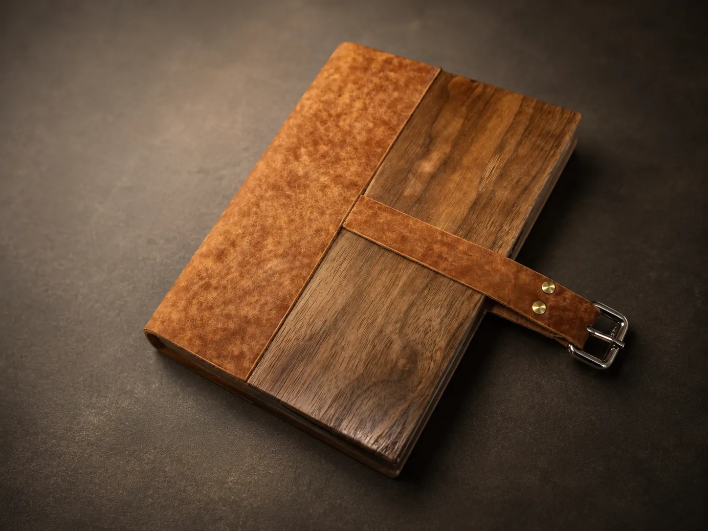 Closed walnut-and-leather cover