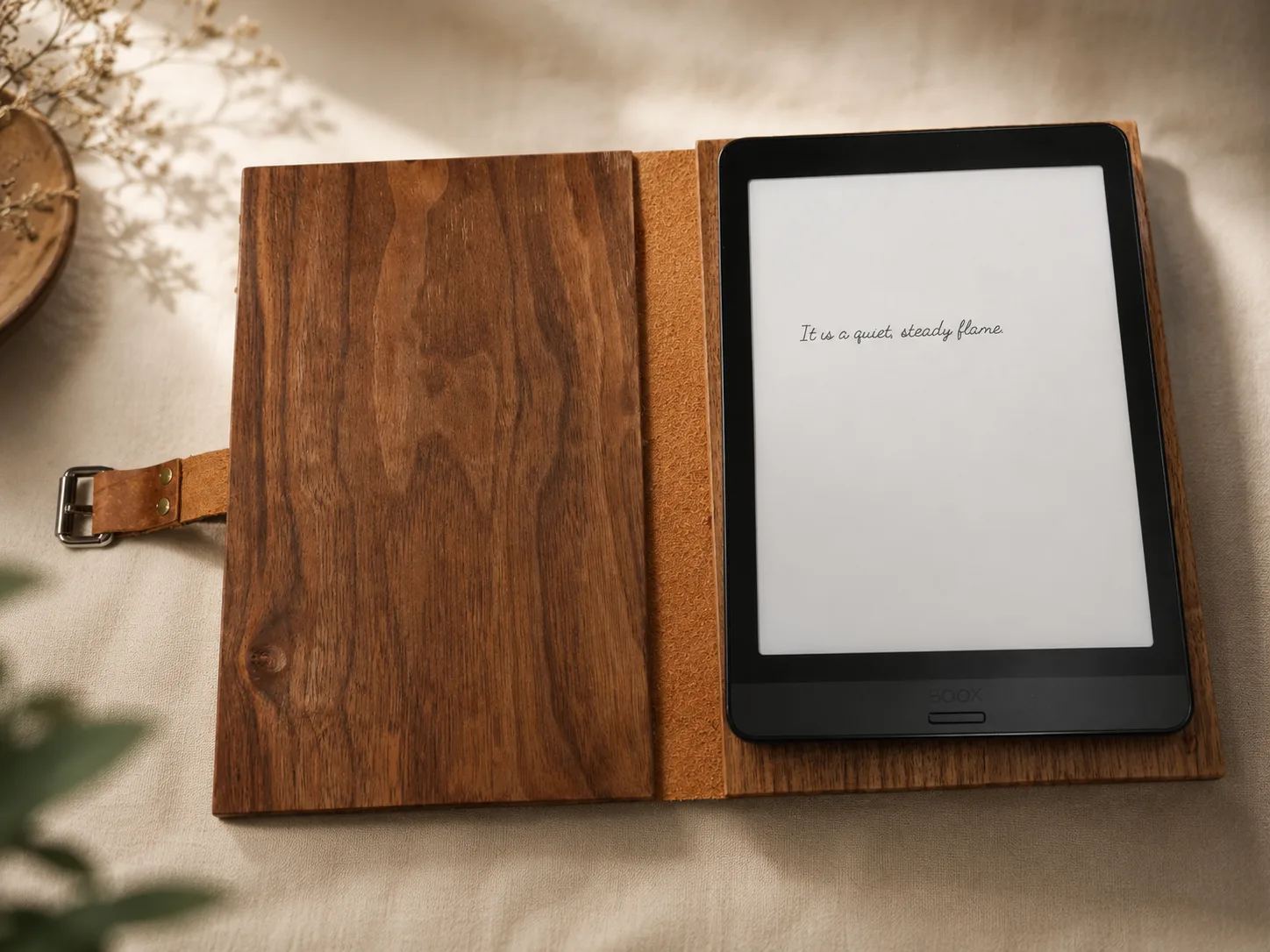InkEcho open on linen, a handwritten line on the e-ink page